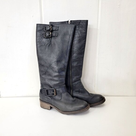Circle G Shoes - Circle G Distressed Black Leather Knee-High Boots With Buckle Detail & Stacked H
